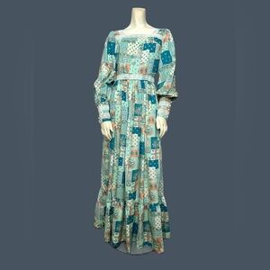 70s Handmade Vintage Patchwork Print Prairie Maxi Dress